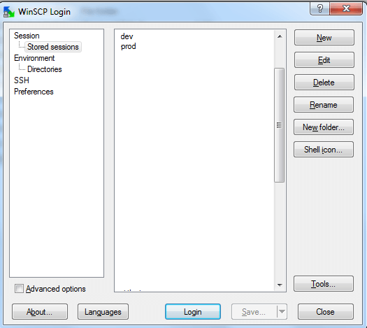 WinSCP Stored Sessions