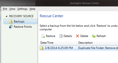 Auslogics Duplicate Finder Rescue Center