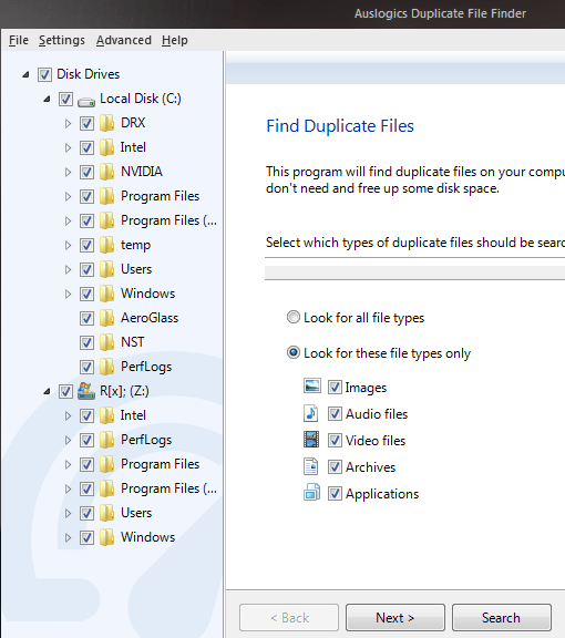 Auslogics Duplicate Finder Select File Types