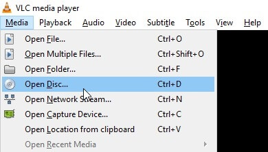 VLC Media Open Disc Menu Item